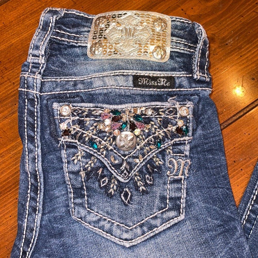 Miss Me jeans, girls sz 10 w/purple,teal,clear rhinestone accent pockets